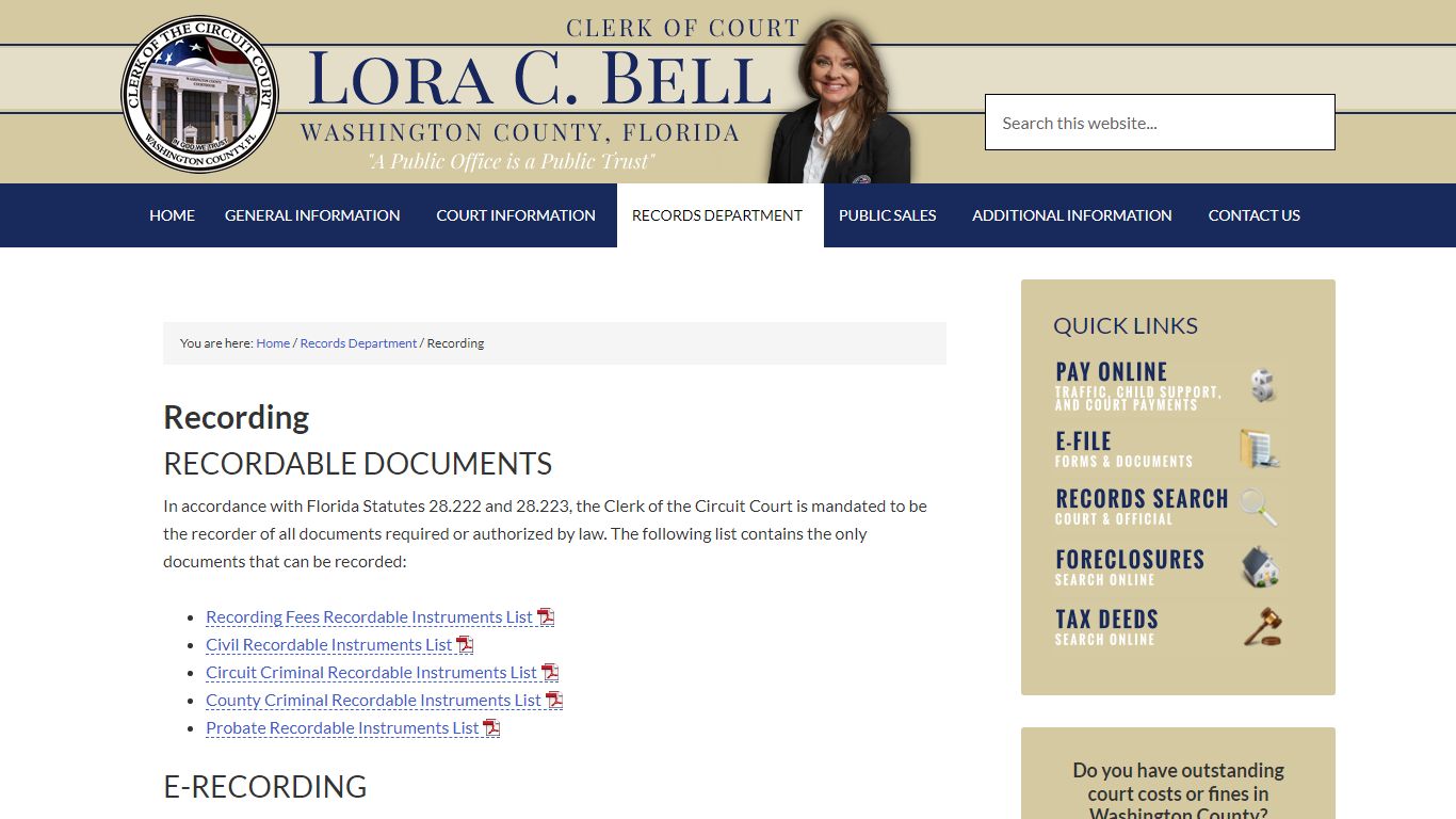 Recording - Lora C. Bell Clerk of Court Washington County Florida